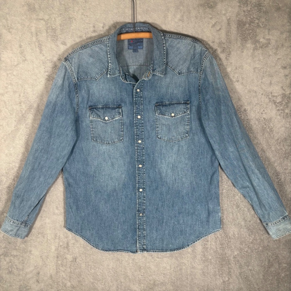 Lucky Brand Mens XL Classic Fit Light Wash Denim Western Pearl Snap Shirt 7096